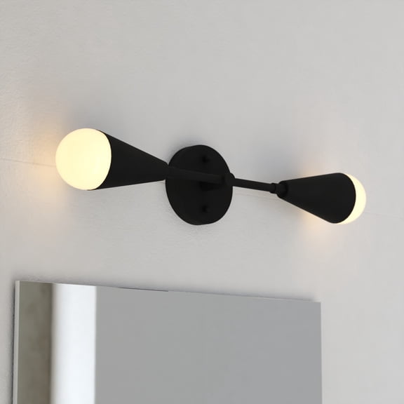 Zurich 2-Light 18 in. Wide Matte Black Modern Contemporary Wall Sconce with Metal Cone Shade, Dimmable, LED Compatible, Bathroom Vanity Lighting Fixture, Vertical or Horizontal Mount Bath Bar