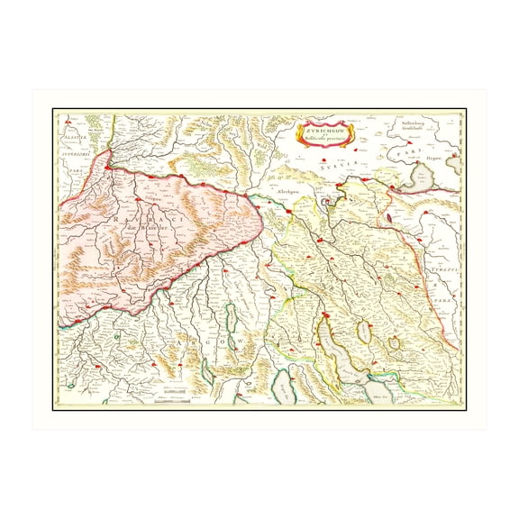 Zurich Area of Switzerland Switzerland Art, 1665 Vintage Map of Zurich Area of Switzerland Switzerland History Wall Decor Gift, Old Zurich Area of Switzerland Map - 24" x 18" Unframed Print