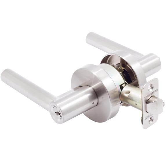 Zurich Door Lever with Round Rosette, Entry Latch, KW Keyway, Satin Nickel by Stone Harbor Hardware