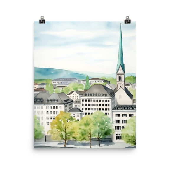 Zurich Print, Fraumunster Church Swiss Cityscape Wall Art, European Travel Poster, Alpine Landmark Decor, Switzerland Artwork Home Decor #3925, Unframed Poster Size 16x24