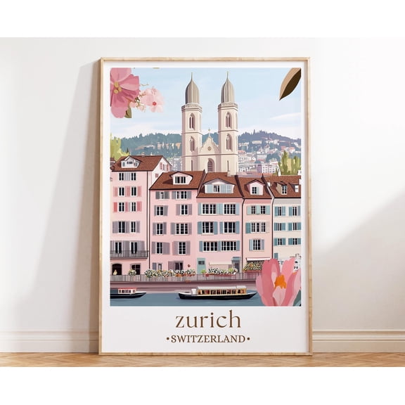 Zurich Switzerland Art Print Lakeside City Poster Illustrated Alpine Travel Wall Decor, Poster Only