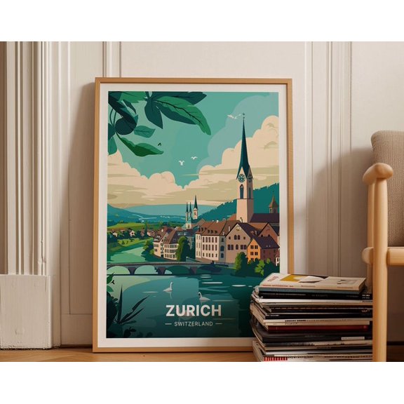 Zurich Switzerland Cityscape Wall Art Print, Unframed Paper Poster 16x20in