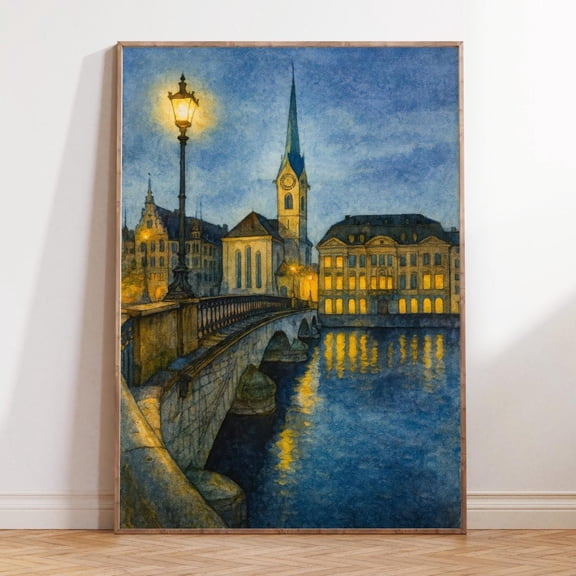 Zurich Switzerland Night City Reflection Print, Unframed Paper Print Size 16x24