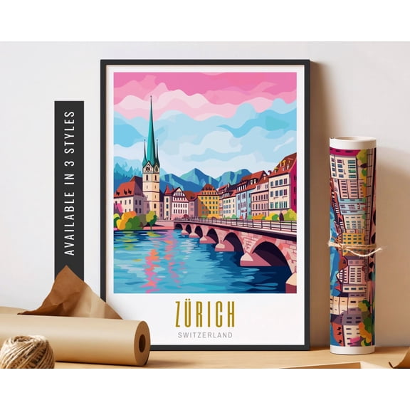 Zurich Switzerland Poster Retro Travel Poster Zurich Poster Top Destination Poster Vibrant Living Room Art Poster Travel Art Home Decor, 8x12 UNFRAMED