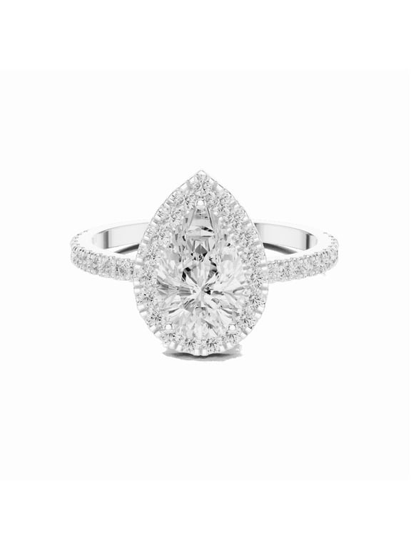 1.37 Carat Pear Shape Moissanite Diamond Promise Ring for Women | 18K White Gold Plated over 925 Silver | Halo with Accents Halo Rings Size 8