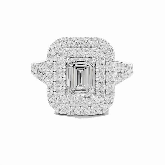 Zuwelria 2.00 Carat Beautiful Emerald Cut | D/VVS1 Moissanite Diamond Engagement Ring - Double Halo Bridal Ring - Promise Ring | 18K White Gold Over Sterling Silver | D/VVS1 Size 5
