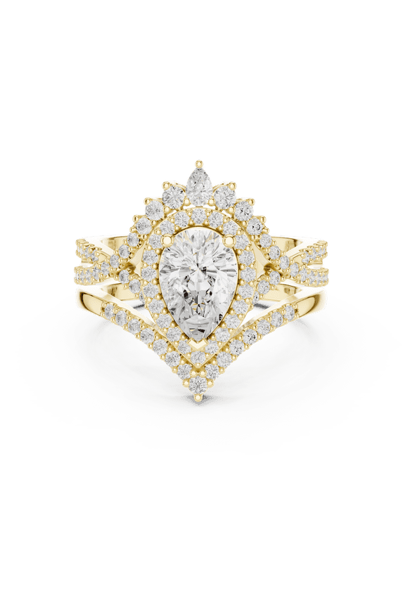 3.00 Ctw Wonderful Pear Shape Moissanite Diamond Engagement Ring Set for her, Promise Rings for Her in Solid 18K Yellow Gold Plated Silver Size 6