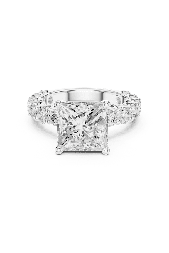 3.00 Carat Princess Shape Moissanite Diamond Promise Ring for Women | 18K White Gold Plated over Sterling Silver | Solitaire with Accents Rings Size 8