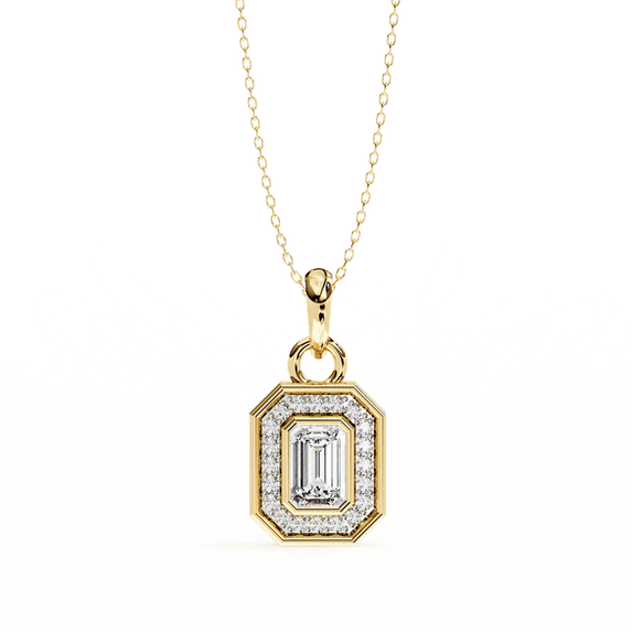 Zuwelria Certified Diamond Pendants | 0.93 Carat Luxurious Emerald Cut Moissanite Halo Pendant Necklace for Women 18K Yellow Gold Plated over Sterling Silver