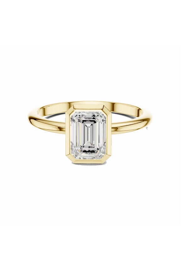 Certified Moissanite Diamond Ring | 1.00 Ct Emerald Cut Moissanite Engagement Ring for Women | Solitaire Diamond Wedding Rings | 18K Yellow Gold Plated Silver Size 7