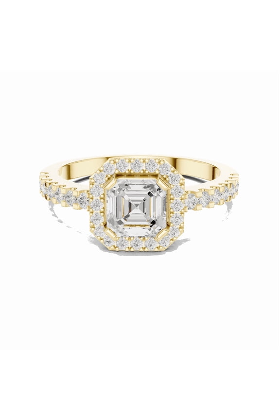 Certified Moissanite Diamond Rings | Sparkle 1.14 Ct Asscher Shape Moissanite Diamond Engagement - Promise Ring for Women | Halo with Accents Rings | 18K Yellow Gold Plated Silver Size 9