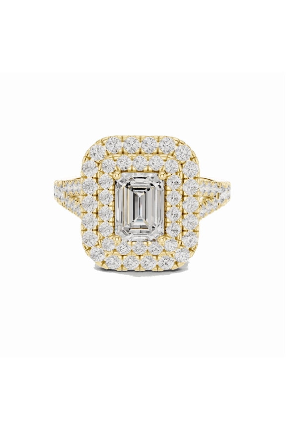 Certified Moissanite Promise Rings | Sparkle 2.00 Ct Emerald Shape Moissanite Diamond Engagement - Promise Ring for Women | Halo with Accents Rings | 18K Yellow Gold Plated Silver Size 9