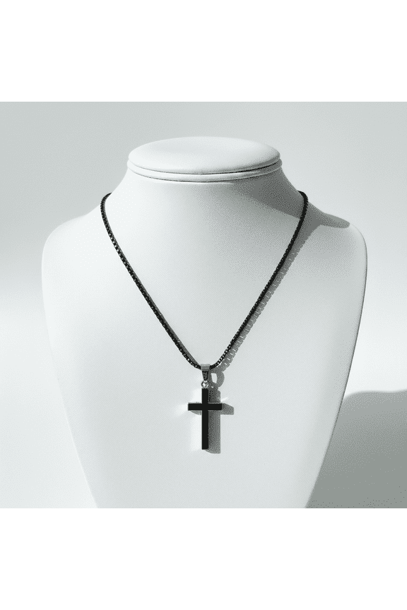 Men's Women's Black and Silver Stainless Steel Cross Pendant Necklace with Black Box Chain