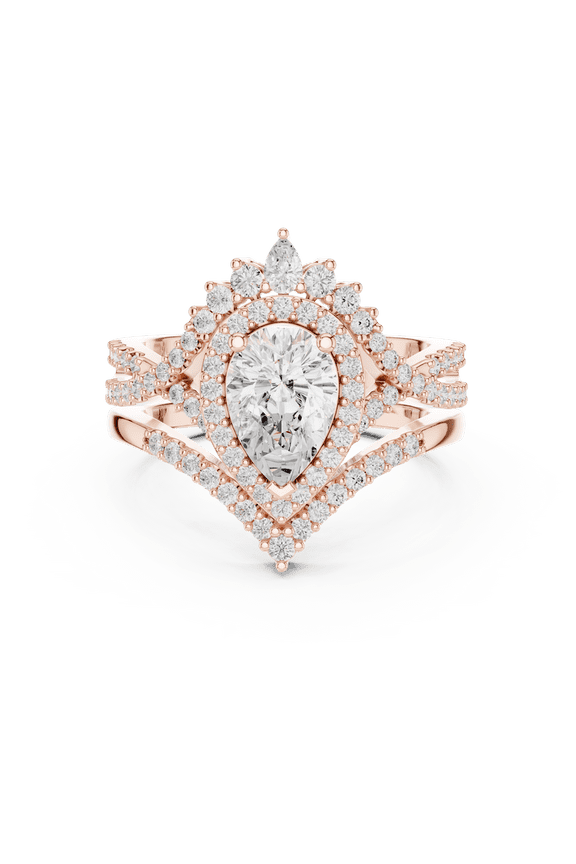 Moissanite Halo Engagement Ring | 3.57 Carat Stunning Pear Cut Moissanite Diamond Ring Set for Women | Gold Plated Sterling Silver | D/VVS1 - Size7