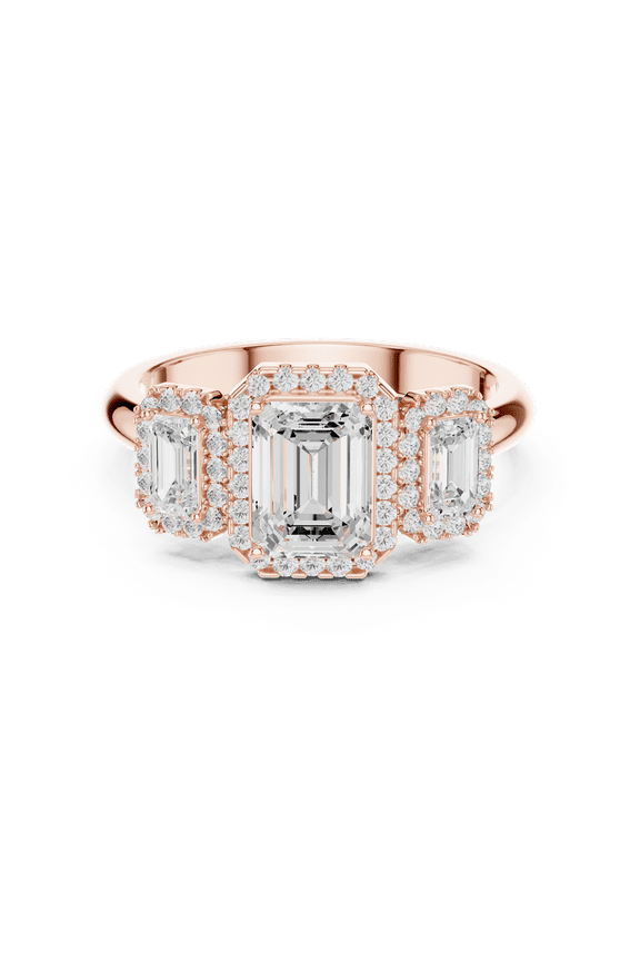 Moissanite Promise Ring | 1.47 Ct Emerald Cut Moissanite Engagement Ring - Wedding Ring for Women | Three Stone Diamond Rings | 18K Rose Gold Plated Silver Size 5