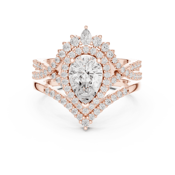 Zuwelria Total 3.00 Carat Brilliant Pear Cut Moissanite Diamond Ring set for Anniversary | 18K Rose Gold Plated 925 Sterling Silver | Beautiful Wedding Promise Ring for Women | Size 9