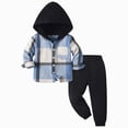 thumbnail image 1 of Zuwimk 2Pcs Kids Boys Sweatsuit Hoodie Flannel Plaid Shirt Tops and Jogger Pants for Kids Fall Winter Spring Outfits(Blue,4-5 Years), 1 of 6