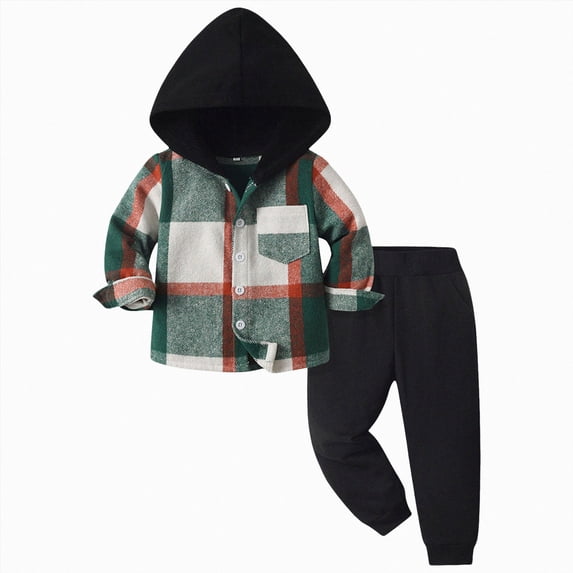 Zuwimk 2Pcs Kids Boys Sweatsuit Hoodie Flannel Plaid Shirt Tops and Jogger Pants for Kids Fall Winter Spring Outfits(Green,4-5 Years)