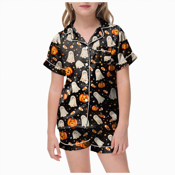 Zuwimk Girls Satin Pajamas Set Button Down Silk 2 Piece Pj Sets Short Sleeve Sleepwear Halloween Print,Y055-Orange