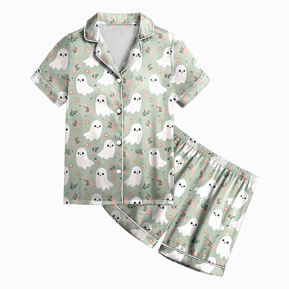 Zuwimk Halloween Pajamas Girls Cute Funny Print Pjs Sets Short Sleeve Button Down Shirts and Shorts Sleepwear,Y042-Dark Green