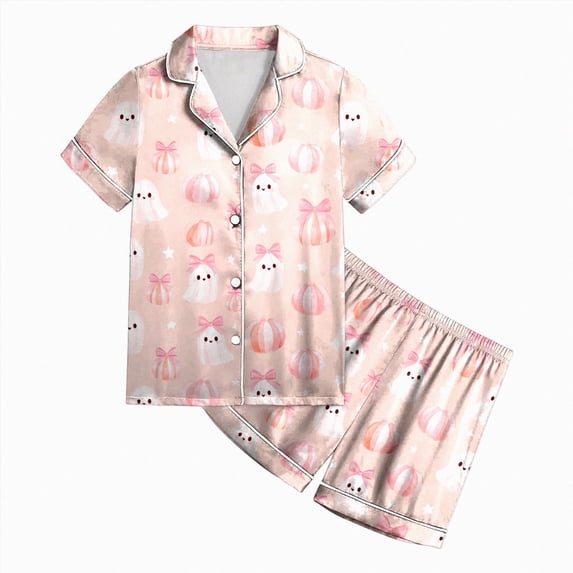 Zuwimk Halloween Pajamas Girls Cute Funny Print Pjs Sets Short Sleeve Button Down Shirts and Shorts Sleepwear,Y042-Light Pink