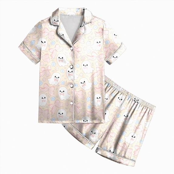 Zuwimk Halloween Pajamas Toddler Girl Graphic Print Pajama Set Short Sleeve Button Down Shirt Short Fall 2 Piece Satin Pjs,Y053-Beige