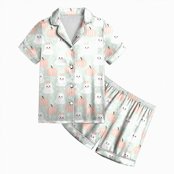 Zuwimk Halloween Pajamas Toddler Girl Graphic Print Pajama Set Short Sleeve Button Down Shirt Short Fall 2 Piece Satin Pjs,Y053-Green