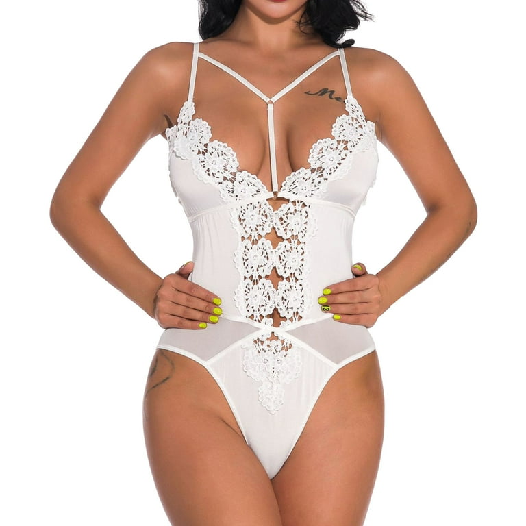 Zuwimk Lingerie For Women Naughty Women Floral Lace Harness Lingerie Bodysuit One Piece Teddy White S