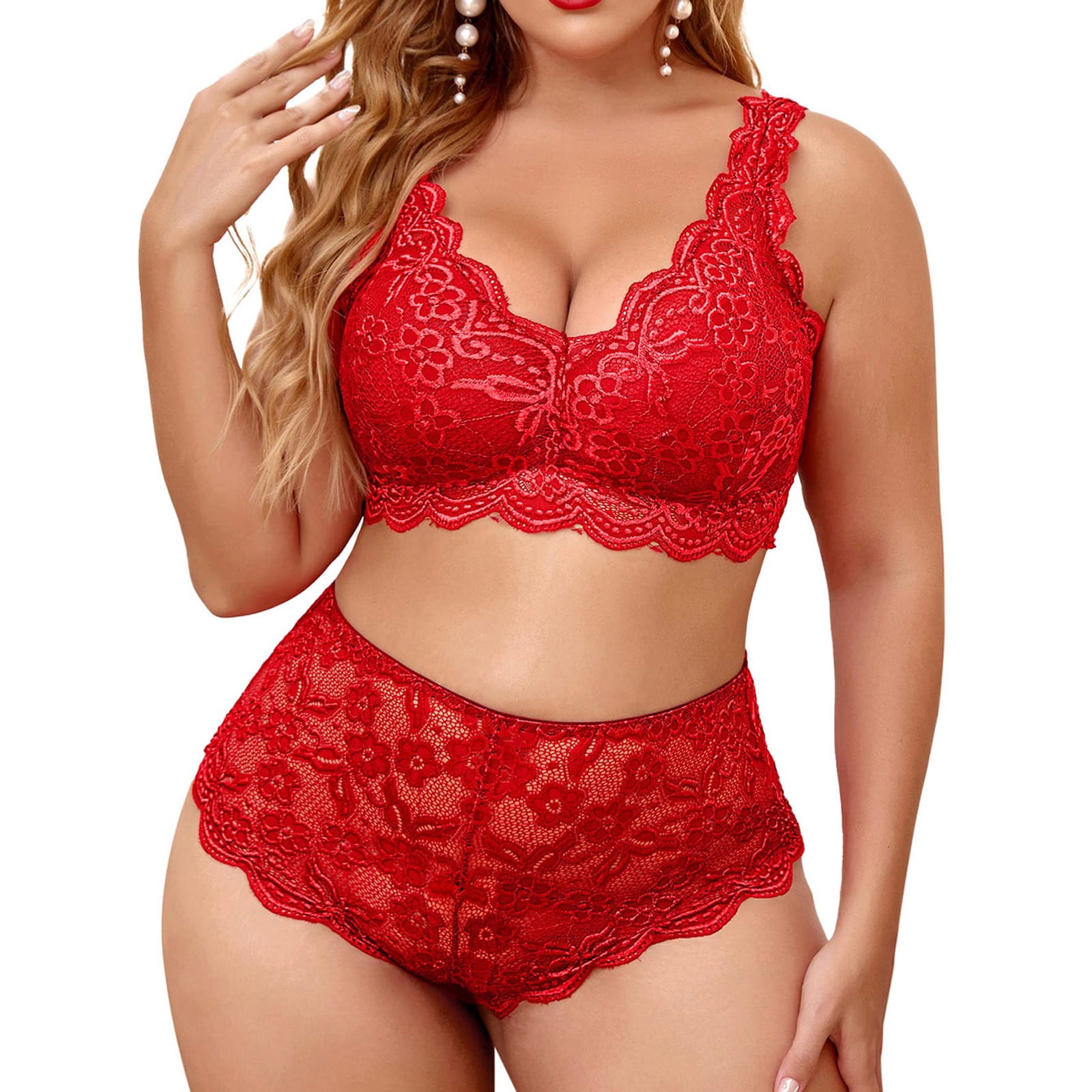 Zuwimk Lingerie Sets For Women ,Women Ruffle 2 Piece Lace Lingerie Set,Underwire  Ribbed Bra and Panty Sets Valentine Red,XXL 