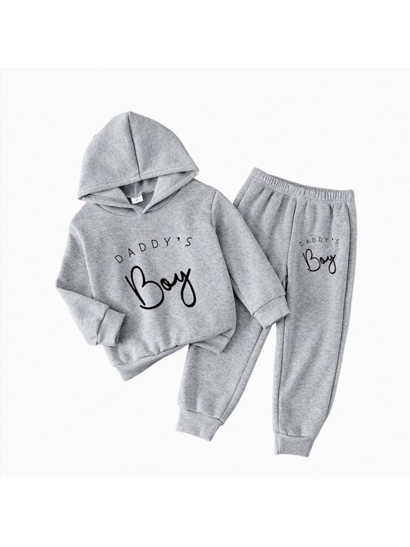 Simple Letter Print Boys Hoodie Set 2PC Warm Pants Outfit for Kids Boys 2-7Y Fall Winter Wear(Grey,5-6 Years)
