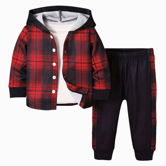 Zuwimk Toddler Baby Boy Outfits Baby Plaid Hoodies Flannel Jacket + Drawstring Pants Baby Fall Winter Clothes(Red,3Y)