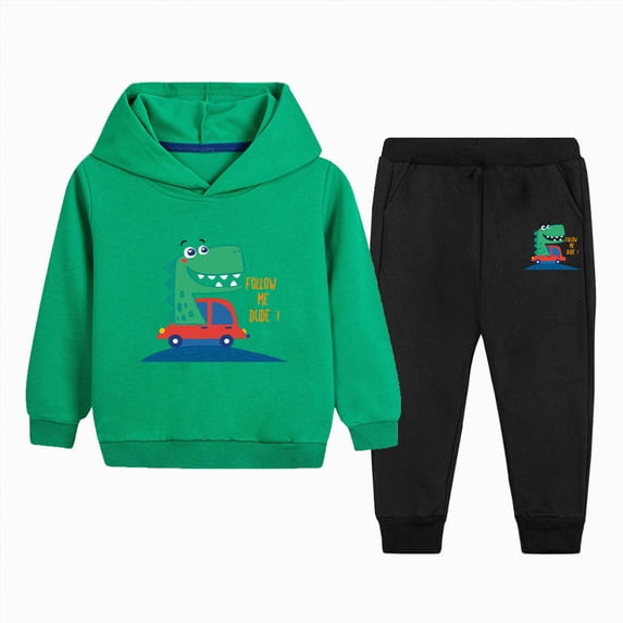 Zuwimk Toddler Boy And Girls Clothes Long Sleeve Hooded Pullover Graphic Print Sweatshirt + Pants 2pcs Fall Winter Outfit Set(T026-Green)