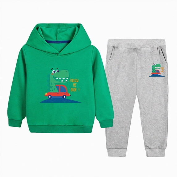 Zuwimk Toddler Boy And Girls Clothes Long Sleeve Hooded Pullover Graphic Print Sweatshirt + Pants 2pcs Fall Winter Outfit Set(T026-Light Green)