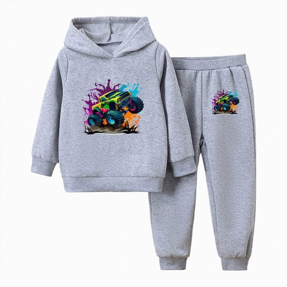 Zuwimk Toddler Boy Girls Graphic Print Clothes, Boy Girl Clothes Fall Winter Outfits Long-sleeved Hooded Sweatshirt Pants 2Pcs Sets(T073-Grey)
