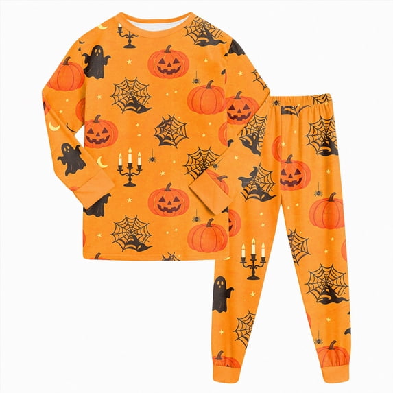 Zuwimk Toddler Girl Boys Pajamas Kids Halloween Graphic 2 Piece Cute Graphic Pjs Fall Winter Sleepwear Clothes Sets,Y005-Orange