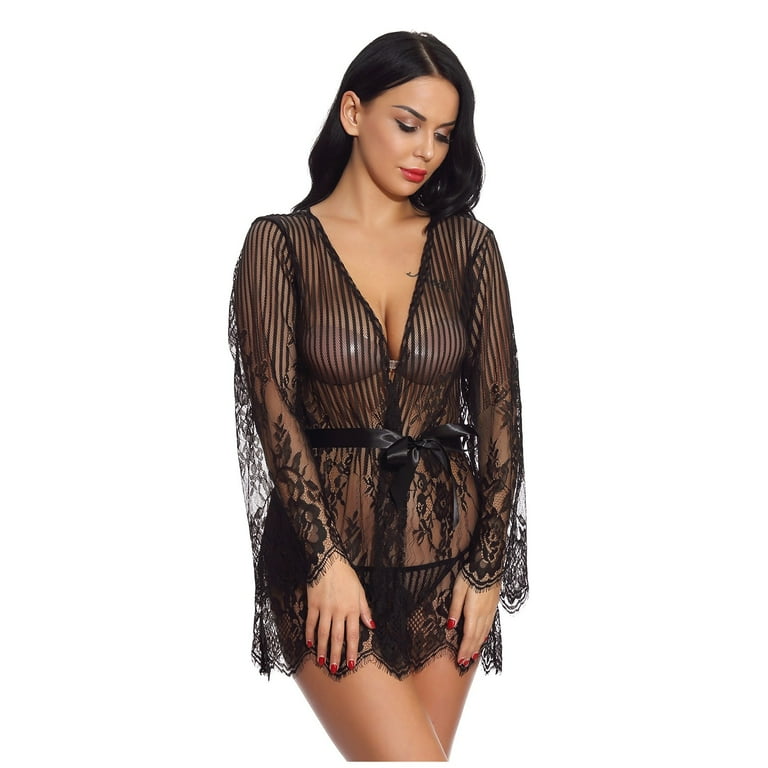 Zuwimk Womens Lingerie ,Lingerie for Women Lace Deep V Neck Nightgown  Naughty Negligee See Through Bodysuit Boudoir Outfits Black,L 