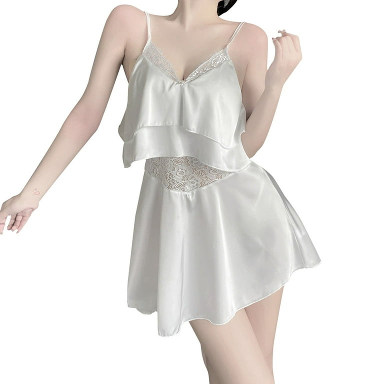 Zuwimk Womens Lingerie , Nightgown for Women Lace Chemise V Neck Sleepwear  Satin Slip Silk Nightie Bridal Lingerie White,XL 