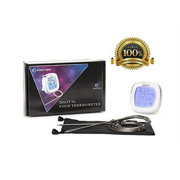 Zvation Digital Meat Thermometer - BBQ, Grill, Smoker or Oven Cooking Touchscreen Food Thermometer with Countdown Kitchen Timer - 2 Stainless Steel Probes Included