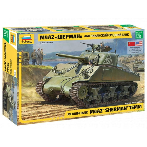 Zvezda 530003702 1:35 M4A2 Sherman (75 mm) Medium US WWII Model Kit, Plastic Construction Kit,