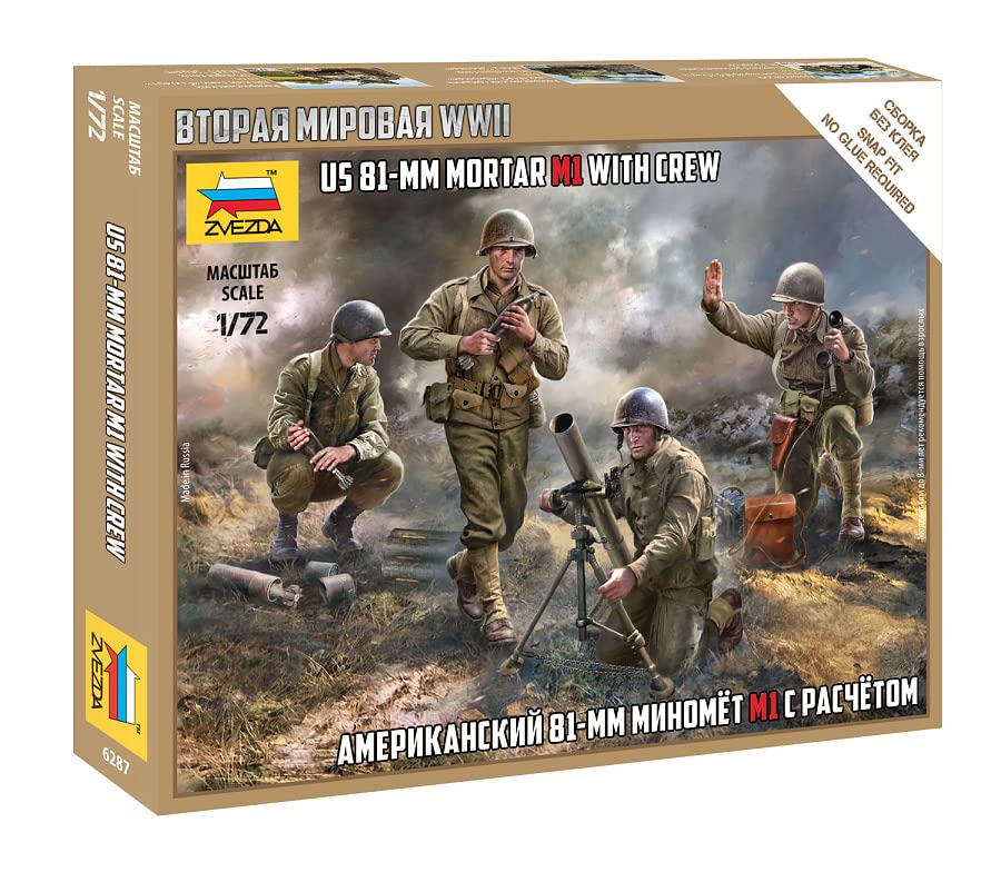 Zvezda -6287-US 81mm Mortar w/Crew, Scale 1/72, Plastic Model Kit, ZS6287