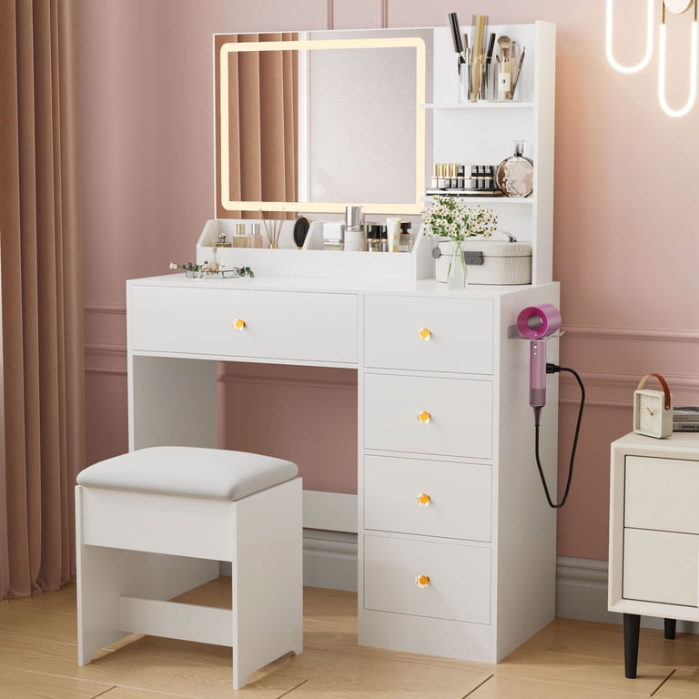 Zvivofla Modern White Vanity Table Set with Lighted Mirror, Power