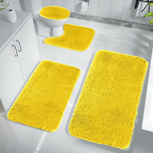 Zvmxot Bathroom Rugs Sets 4 Piece, Soft Absorbent Microfiber Bath Rugs and U-Shaped Contour Toilet Rug Area Rug Set, Non-Slip, Dries Quickly, Machine Washable, Yellow