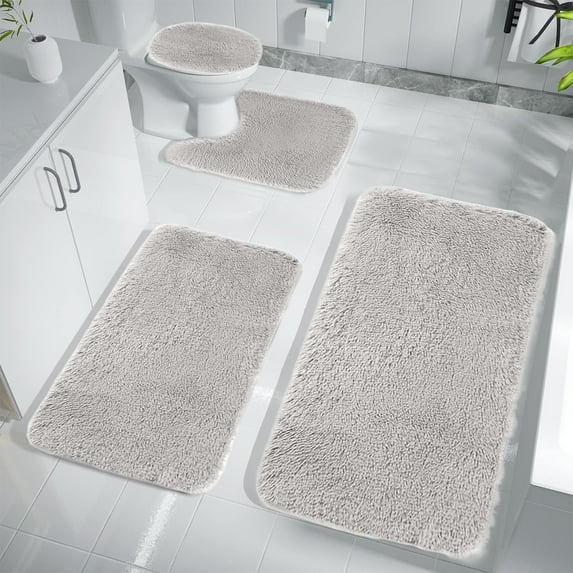 Zvmxot Bathroom Rugs Sets 4 Piece, Soft Absorbent Microfiber Bath Rugs and U-Shaped Contour Toilet Rug Area Rug Set, Non-Slip, Dries Quickly, Machine Washable, Grey