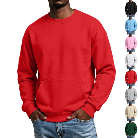 Zvmxot Crew Neck Sweatshirts for Men with Multi Pockets Fleece Pullover Solid Casual Long Sleeve Sweatshirt