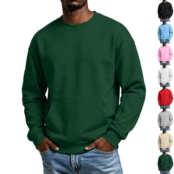 Zvmxot Crew Neck Sweatshirts for Men with Multi Pockets Fleece Pullover Solid Casual Long Sleeve Sweatshirt