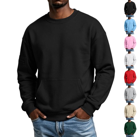 Zvmxot Crew Neck Sweatshirts for Men with Multi Pockets Fleece Pullover Solid Casual Long Sleeve Sweatshirt