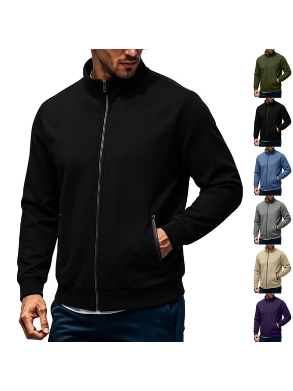 Men Fleece Sweatshirts Full Zip Stand Neck Sweatshirt with Zipper Pockets Casual Long Sleeve Jackets for Men