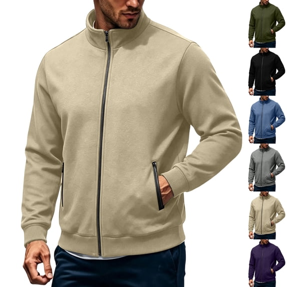 Zvmxot Men Fleece Sweatshirts Full Zip Stand Neck Sweatshirt with Zipper Pockets Casual Long Sleeve Jackets for Men