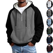 Zvmxot Mens Thick Fleece Lined Hoodies Colorblock Quarter Zip Textured Drawstring Pullover Sweatshirts with Pocket Casual Hooded Sweatshirt