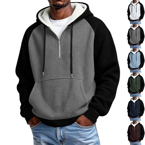 Zvmxot Mens Thick Fleece Lined Hoodies Colorblock Quarter Zip Textured Drawstring Pullover Sweatshirts with Pocket Casual Hooded Sweatshirt